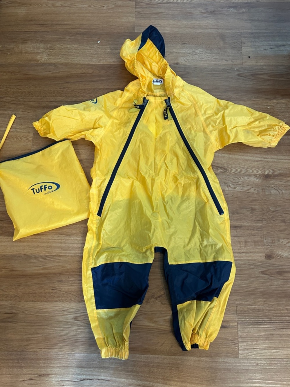 2T Tuffo Yellow Hooded Rain Suit with Navy Accents